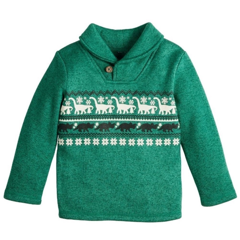 Toddler Boy - Size 2T - Green/Teal Dinosaur Fairisle Print Sweater